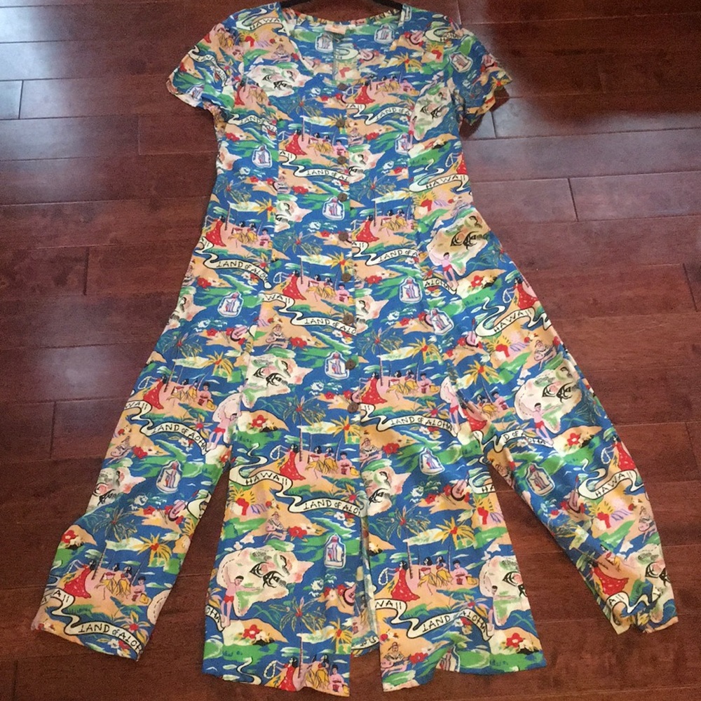 ❤️ VINTAGE HAWAII Land of Aloha HULA DANCER LUAU FLORAL PRINT BUTTON DOWN DRESS